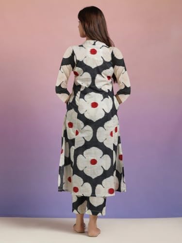 Anni Designer Women'S Cotton Blend Straight Printed Kurta With Pant (Chunilal White_L_White_Large),Black,L,Cotton Blend,Regular,Kurta
