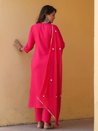 Anni Designer Women'S Rayon Blend Embroidered Straight Kurta With Pant & Dupatta (Kasturi Pink_S_Pink_Small),Pink,S,Rayon Blend,Regular,