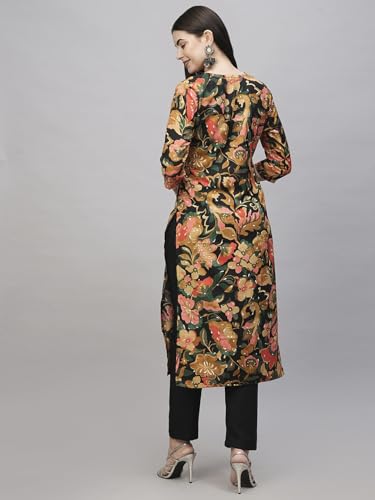Anni Designer Women'S Cotton Blend Straight Printed Kurta With Pant (Jabala Black-Nw_M_Black_Medium),Black,M,Cotton Blend,Jabala Black-NW_1408,