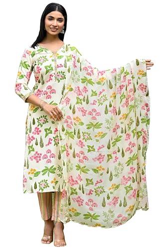 Anni Designer Women'S Rayon Blend Straight Printed Kurta With Pant & Dupatta (Kumud Cream-Vks03_Xxl_Cream_Xx-Large),Cream,2XL