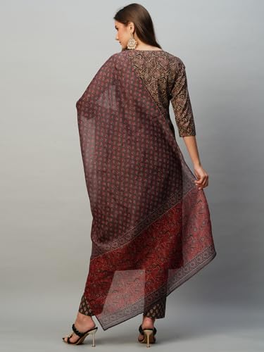 Anni Designer Women'S Cotton Blend Straight Printed Kurta With Pant & Dupatta (Mana Brown-Nw_S_Brown_Small),Brown,S,Cotton Blend,Regular,