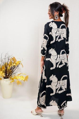 Anni Designer Women'S Cotton Blend Straight Printed Kurta With Pant (Lanka-Black-Ns_Xxl_Black_Xx-Large),Black,2XL,Cotton Blend,Regular,