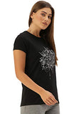 Enamor Essentials Womens Short Sleeve Crew Neck Slim Fit Breathable Stretch Cotton Tee With Graphic - E147-(E147_Jet Black W/ Fl