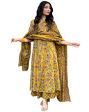 Anni Designer Women'S Rayon Blend Anarkali Printed Kurta With Pant & Dupatta & Dupatta (Cia Yellow_Xxl_Yellow_Xx-Large),Yellow,2XL