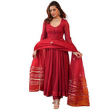 Anni Designer Women'S Rayon Blend Anarkali Solid Kurta With Pant & Dupatta (Jaynti Red_M_Red_Medium),Red,M