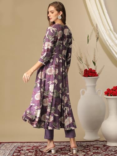 Anni Designer Women'S Cotton Blend Anarkali Printed Kurta With Pant (Damian Purple_S_Wine_Small),Purple,S,Cotton Blend,Regular,