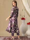 Anni Designer Women'S Cotton Blend Anarkali Printed Kurta With Pant (Damian Purple_M_Wine_Medium),Purple,M,Cotton Blend,Regular,kurta with pant