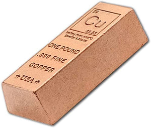 1 Pound Copper Bar Ingot Paperweight - .999 Pure Copper Bar Bullion Chemistry Element Design with Certificate of Authenticity by