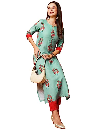 Anni Designer Women'S Cotton Blend Printed Straight Kurta With Pant (Nazia Green_Xxl_Green_Xx-Large),Green,2XL