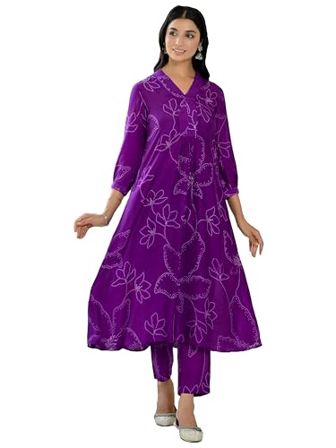 Anni Designer Women'S Cotton Blend Anarkali Printed Kurta With Pant (Marup Begani_L_Begani_Large),Begani,L