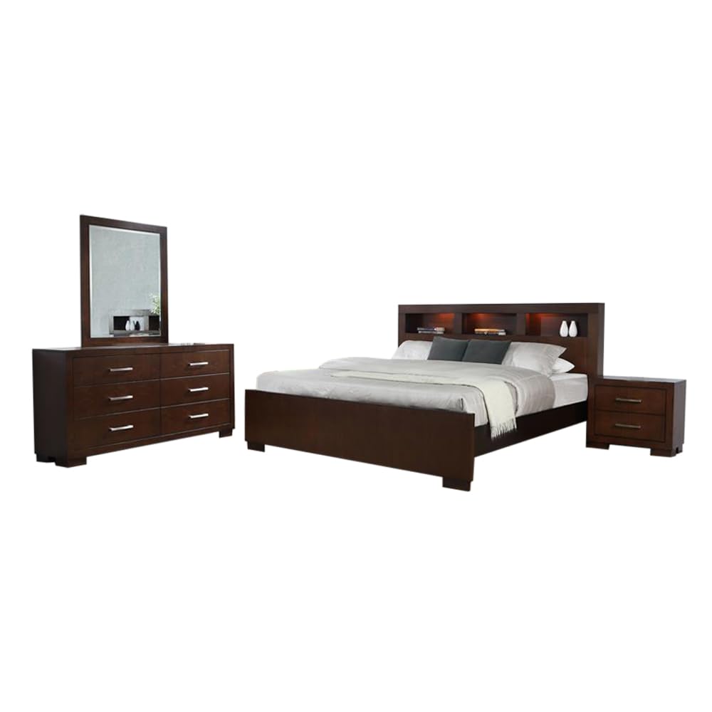 Coaster Home Furnishings Jessica Contemporary 4-Piece Bedroom Set Queen Size Led Storage Bookcase Bed Frame 47-Inch Headboard Cappuccino 200719Q-S4