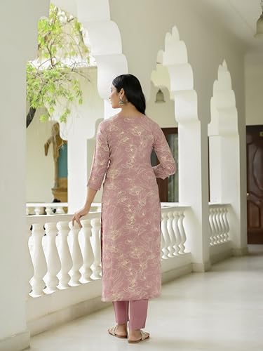 Anni Designer Women'S Rayon Blend Straight Printed Kurta With Pant (Ghasi Pink_L_Pink_Large),Pink,L,Rayon Blend,Regular,