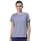 Enamor Athleisure Women's Relaxed Fit Short Sleeve Crew Neck 4 Way Stretch Breathable Antimicrobial Cotton Tee with Graphic - A3S1(A3S1-Powder Blue Str/ Happye Soul Graphic-XL),P.Blue Str/Happysoul