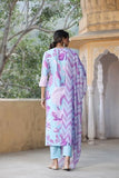 Anni Designer Women'S Cotton Blend Straight Printed Kurta With Pant & Dupatta (Sohini Sky Blue_S_Sky Blue_Small),Sky Blue,S,Cotton Blend,Regular,