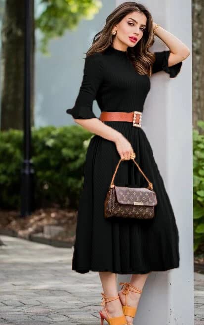 Anni Designer Women'S Lycra Cotton Solid Half Sleeve Belted Flowy Tiered A-Line Dress (Juli-Black-Nw_Xxl_Black_Xx-Large),Black,2XL,Lycra Cotton,Dress,