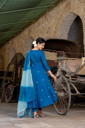 Anni Designer Women'S Cotton Blend Anarkali Embroidered Kurta With Pant & Dupatta (Gsk-Cerosin_Xxl_Blue_Xx-Large),Blue,2XL,Cotton Blend,Ethnic,