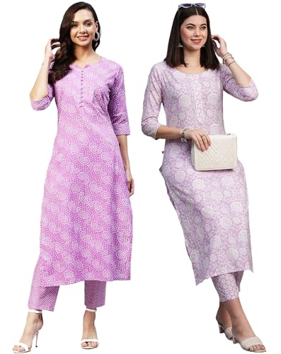 Anni Designer Women'S Cotton Blend Printed Straight Kurta With Pant Pack Of 2 (Combo-Wamurti-Mukh_Multicolor_Medium),Multicolour,M