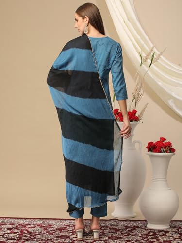 Anni Designer Women'S Cotton Blend Printed Straight Kurta With Pant & Dupatta (Suhana Blue_Xxl_Blue_Xx-Large),Blue,2XL,Cotton Blend,Regular,