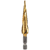 Klein Tools 25964 Step Drill Bit, 1/8 to 1/2Inch, Spiral DoubleFluted, Cuts Thin Metal, Plastic, Aluminum, Wood, 1/4Inch Hex 