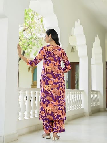 Anni Designer Women'S Cotton Blend Straight Printed Kurta With Palazzo (Chinki Begani_M_Begani_Medium),Begani,M,Rayon Blend,Regular,