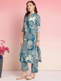 Gosriki Women'S Rayon Blend Straight Printed Kurta With Pant (Tomsk Teal-Gs_S_Teal_Small),Teal Blue,,B0DRNMTNS6