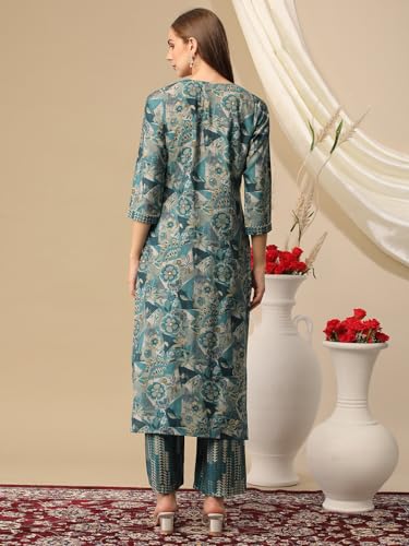 Anni Designer Women'S Cotton Blend Straight Printed Kurta With Palazzo (Kanjirang Blue-Nj_M_Blue_Medium),Blue,M,Cotton Blend,Regular,