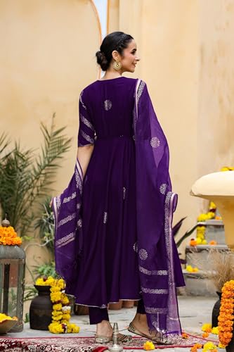 Anni Designer Women'S Rayon Blend Anarkali Printed Kurta With Pant & Dupatta (Berlin Begani_S_Begani_Small),Begani,S,Rayon Blend,Anarkali,