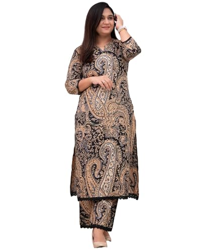 Anni Designer Women'S Rayon Viscose Straight Printed Kurta With Palazzo (Elevate Black_Xxl_Black_Xx-Large),Black,2XL