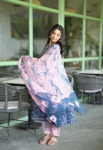 Anni Designer Women'S Cotton Blend Anarkali Printed Kurta With Pant & Dupatta (Nina Kerocin_S_Blue_Small),Blue,S,Rayon Blend,Anarkali,