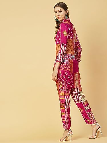 Anni Designer Women'S Chanderi Cotton Short Length Printed Co-Ord Set (Abc Pink Co-Ord-Nkm_Xl_Pink_X-Large),Pink,XL,Chanderi,Regular,Kurta, Shirt