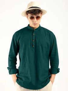 Royalscout Men'S Cotton Polyester Blend Solid Regular Fit Full Sleeve Short Kurta Green Green Xl Jm_Button_Green_Xl