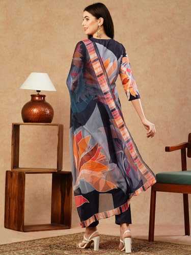 Anni Designer Women'S Cotton Blend Straight Printed Kurta With Pant & Dupatta (Khissu Navy Blue-Fka_Xxl_Navy Blue_Xx-Large),Navy Blue,2XL,Cotton Blend,Regular,Kurta, Scarf