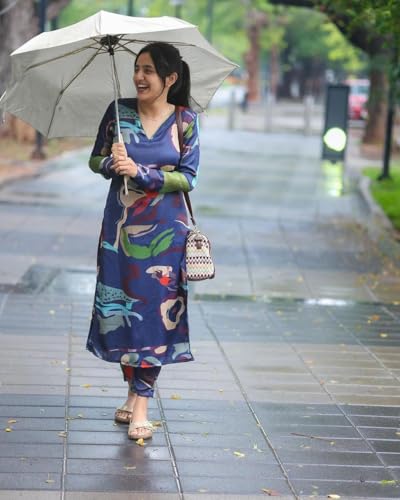 Anni Designer Women'S Cotton Blend Straight Printed Kurta With Pant (Barish Blue_5Xl_Blue_Xxxxx-Large),Blue,5XL,Rayon Viscose,Regular,