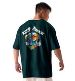 Kyda Men'S Oversized 100% Cotton Round Neck Front And Back Printed Tshirt (Pack Of 1),Bottle Green2Apparel,M