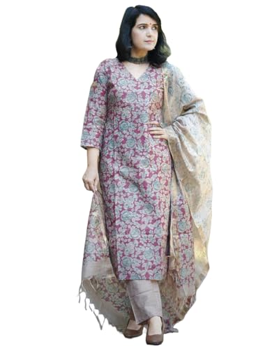 Anni Designer Women'S Cotton Blend Printed Straight Kurta With Pant & Dupatta (Moringa Pink-Nw_Xl_Pink_X-Large),Pink,XL