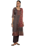 Libas Womens Printed Silk Blend Straight Kurta With Trousers And Dupatta
