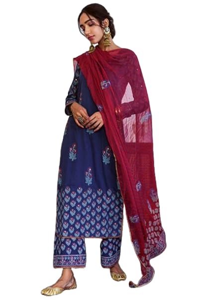 Anni Designer Women'S Rayon Blend Straight Printed Kurta With Pant & Dupatta (Masumi Blue_L_Blue_Large),Blue,L