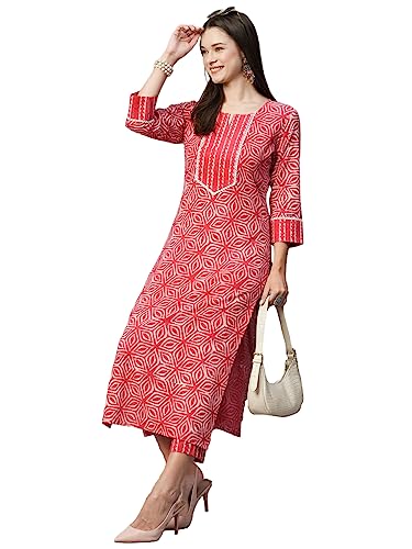 Anni Designer Women'S Cotton Blend Straight Floral Printed Kurta And Pant (Kaveri Pink-Sm_S_Pink_Small),Pink,S