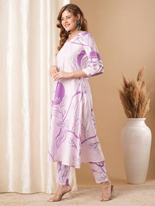 Anni Designer Women'S Cotton Blend Anarkali Printed Kurta With Pant (Santra Purple_Xxl_Purple_Xx-Large),Purple,2XL,Cotton Blend,Regular,Kurta
