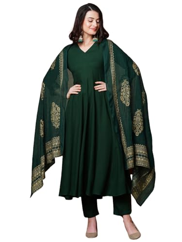 Anni Designer Women'S Rayon Blend Solid Anarkali Kurta With Pant & Dupatta (Magic-Green-Nb_M_Green_Medium),Green,M