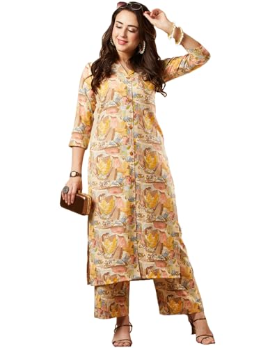 Anni Designer Women'S Cotton Blend Printed Straight Kurta With Pant (Half Yellow-Nw Medium),Yellow,M