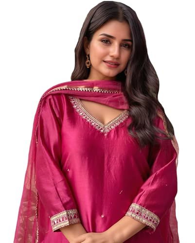Anni Designer Women'S Rayon Viscose Straight Embroidered Kurta With Pant & Dupatta (Bagicha Rani-Vks04_Xxl_Pink_Xx-Large),Pink,2XL