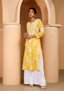 Anni Designer Women'S Cotton Blend Chikankari Embroidered Straight Kurta (Zainab Yellow_M_Yellow_Medium),Yellow,M,Cotton Blend,Regular,
