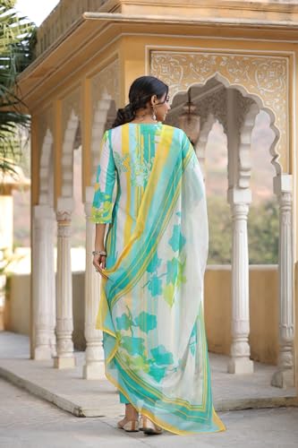 Anni Designer Women'S Cotton Blend Straight Printed Kurta With Pant & Dupatta (Kapila Green_S_Green_Small),Green,S,Cotton Blend,Regular,Kurta, Scarf