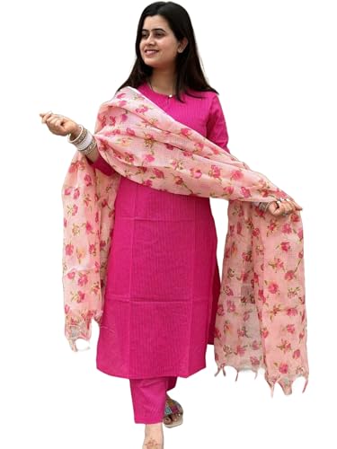 Anni Designer Women'S Rayon Blend Printed Straight Kurta With Pant & Dupatta (Barhai Pink_Xl_Pink_X-Large),Pink,XL