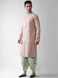 Kisah Men Blushing Peach Woven Design Kurta Full Sleaves, Knee Length, Straight, Regular Fit, Mandarin Collar Ethnic Wear, 50