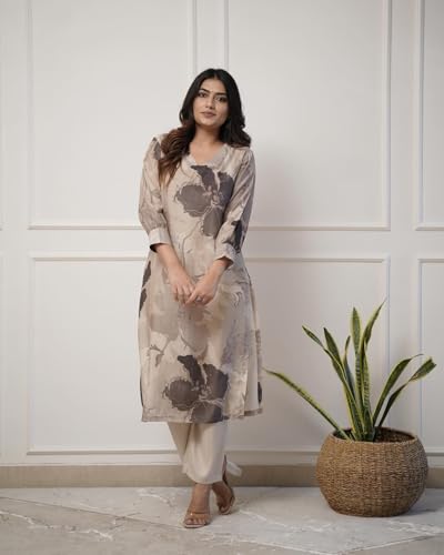 Anni Designer Women'S Rayon Viscose Straight Printed Kurta With Pant (Kitimat Cream_S_Cream_Small),Cream,S,Rayon,Casual,