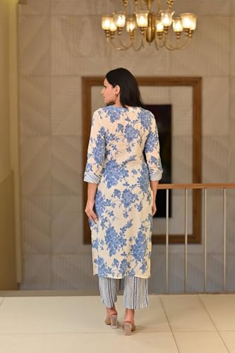 Anni Designer Women'S Cotton Blend Straight Printed Kurta With Pant (Jamahi Blue_Xxl_Blue_Xx-Large),Blue,2XL,Cotton Blend,Regular,Kurta