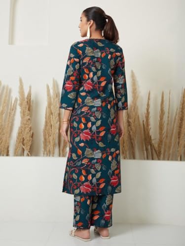 Anni Designer Women'S Rayon Blend Straight Printed Kurta With Pant (Vantara Green_M_Green_Medium),Green,M,Rayon Blend,Regular,