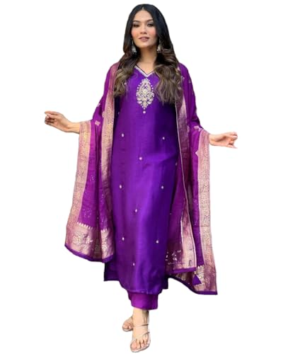 Gosriki Women'S Silk Blend Straight Embroidered Kurta With Pant & Dupatta (Premium Begani-Nw-Gs_Xl_Begani_X-Large),Begani,,B0D9WCFBL8
